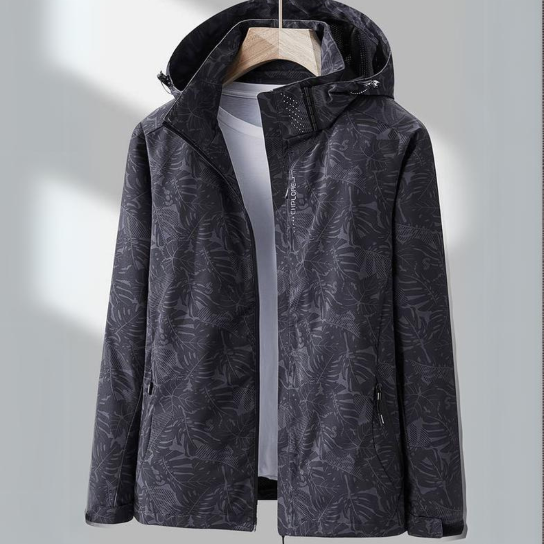 Dunkelgraue Herren-Windjacke mit Kapuze, wasserabweisend, Outdoor-Bekleidung, floral gemustert.