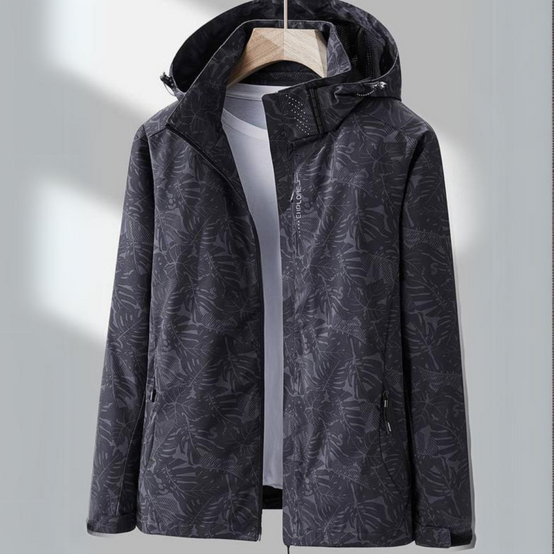 Dunkelgraue Herren-Windjacke mit Kapuze, wasserabweisend, Outdoor-Bekleidung, floral gemustert.