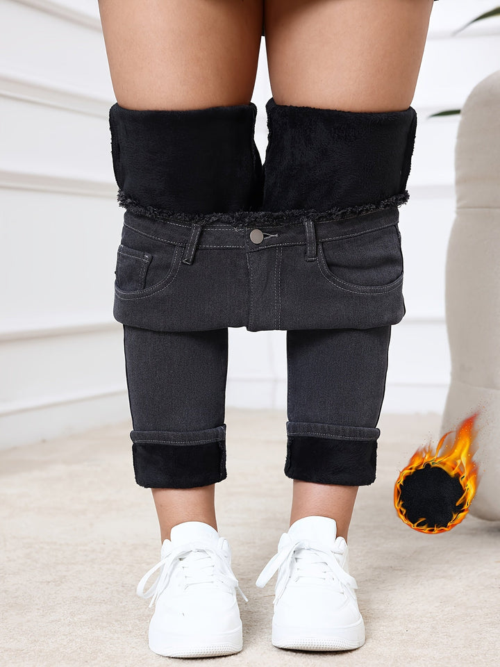 Damen Thermo-Jeans schwarz, gefüttert, warm, modisch, Winterkleidung, mit weißen Sneakers.