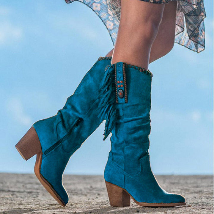 Blaue Damen-Winterstiefel, Retro-Metallschnalle, spitze Zehen, dicker Absatz, Westernstil.