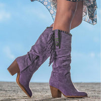 Lila Damen-Winterstiefel mit Fransen, Retro-Metallschnalle, dicker Absatz, Western-Cowboy-Stil.