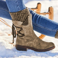 Damen-Winterstiefel, beige, Lederoptik, mittelhoch, Schnürung, Schneestiefel, modisch.