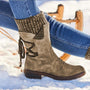 Damen-Winterstiefel, beige, Lederoptik, mittelhoch, Schnürung, Schneestiefel, modisch.