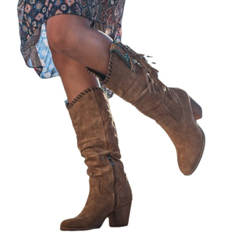 Damen Winterstiefel braun, Retro-Metallschnalle, spitze Zehen, dicker Absatz, Westernstil.