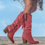 Rosa Damen-Winterstiefel mit Metallverschluss, spitzer Zehe, dickem Absatz, Fransen, Cowboy-Stil.