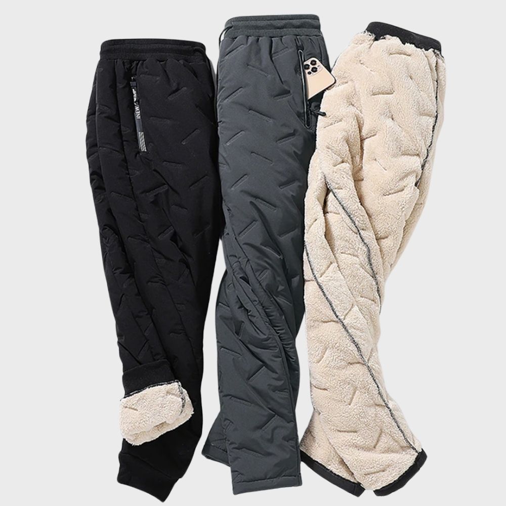 Drei gefütterte Jogginghosen, schwarz, grau, beige, warm, Wintermode, Herrenbekleidung.