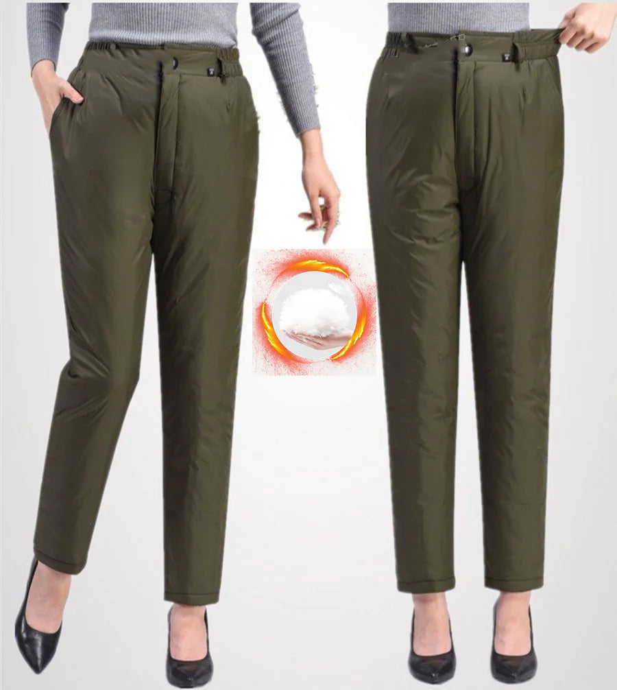 Damen Thermohose, olivgrün, warm, Winterbekleidung, isoliert, modisch, bequem, elegant.