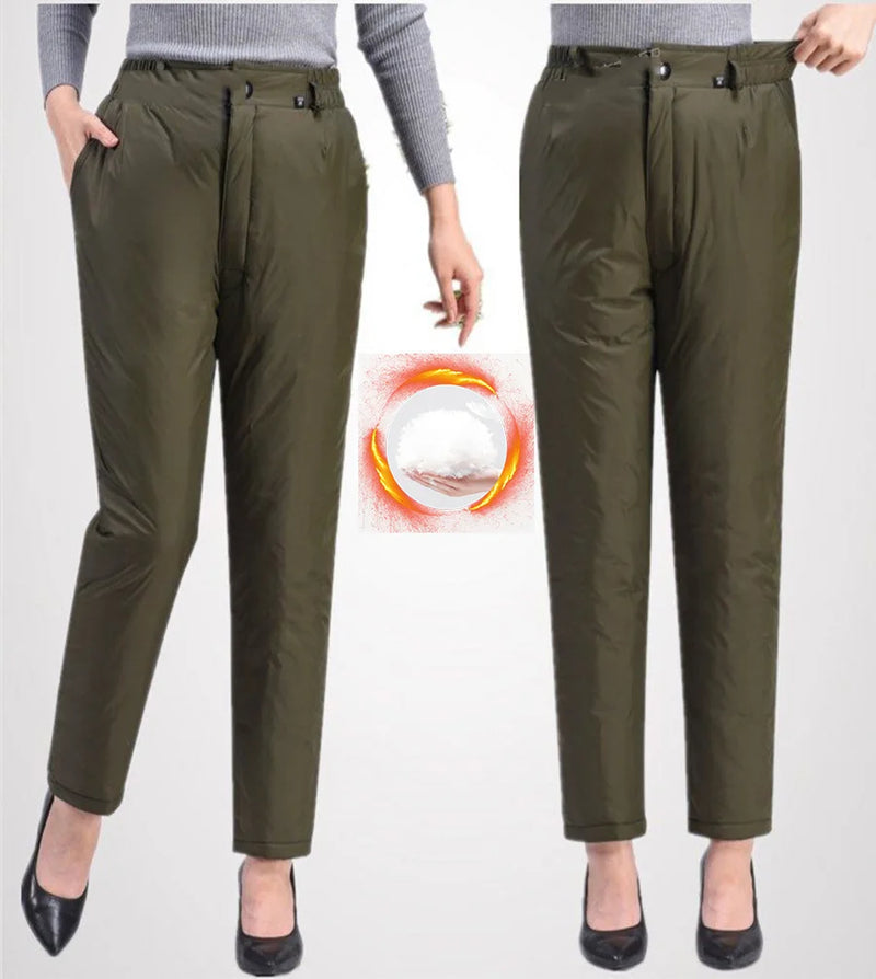 Damen Thermohose, olivgrün, warm, Winterbekleidung, isoliert, modisch, bequem, elegant.