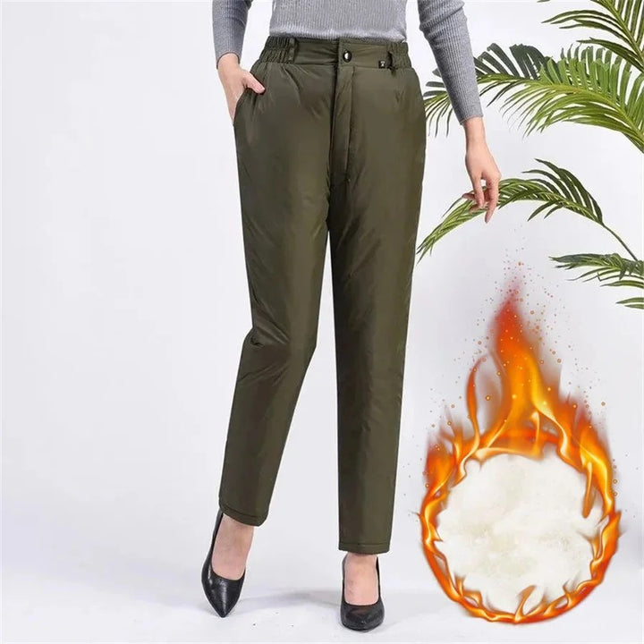 Damen Thermohose, olivgrün, warm gefüttert, Wintermode, elegant, bequem, modisch.