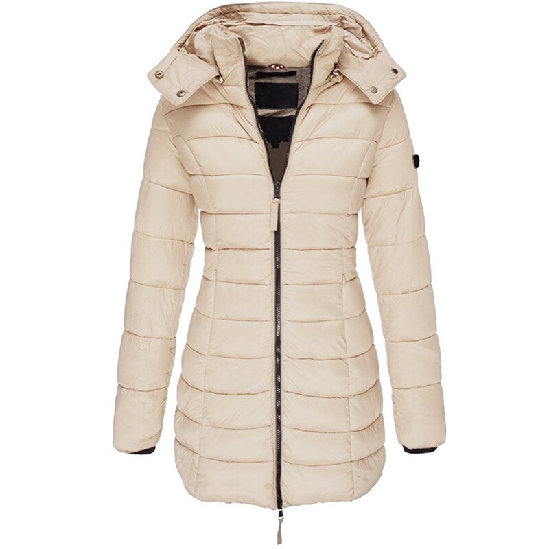 Beige Damen-Daunenjacke mit Kapuze, gesteppte Winterjacke, warm, modisch, Reißverschluss.