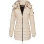 Beige Damen-Daunenjacke mit Kapuze, gesteppte Winterjacke, warm, modisch, Reißverschluss.