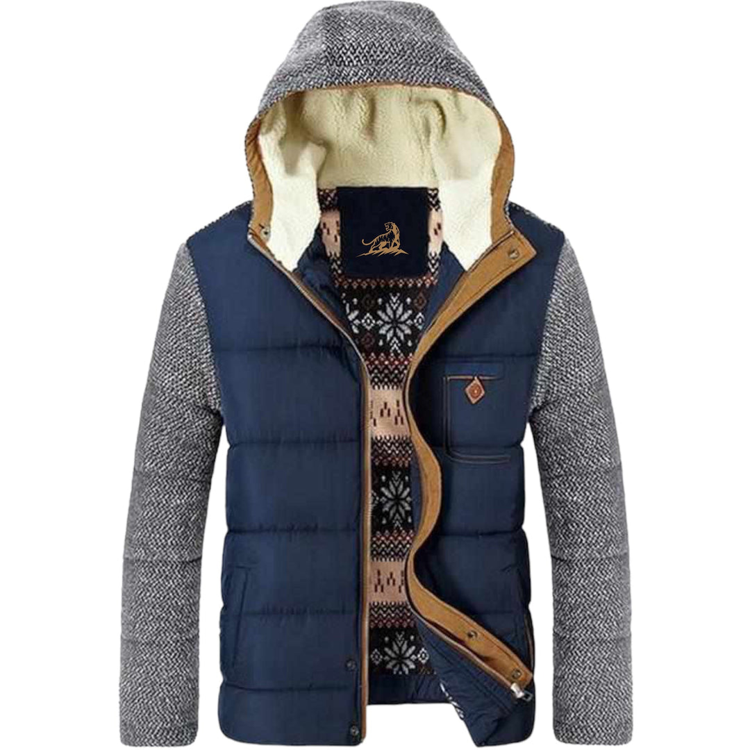 Herren Winterjacke mit Kapuze, blau-grau, Strickärmel, Fleece-Innenfutter, modisch warm.