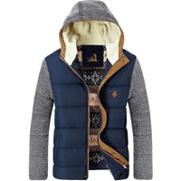 Herren Winterjacke mit Kapuze, blau-grau, Strickärmel, Fleece-Innenfutter, modisch warm.