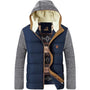 Herren Winterjacke mit Kapuze, blau-grau, Strickärmel, Fleece-Innenfutter, modisch warm.