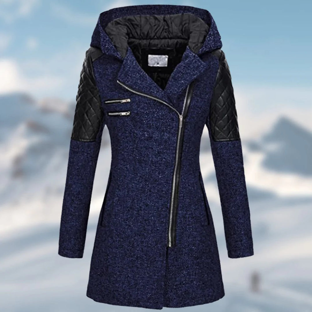 Damen Winterjacke blau, Kapuze, Reißverschluss, gesteppte Ärmel, warm, modisch, Outdoor.