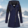 Damen Winterjacke blau, Kapuze, Reißverschluss, gesteppte Ärmel, warm, modisch, Outdoor.
