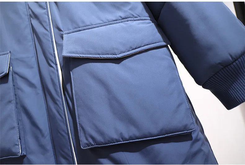 Blauer Wintermantel mit großen Taschen, warm, modisch, Herrenbekleidung, Outdoor, Polyester.