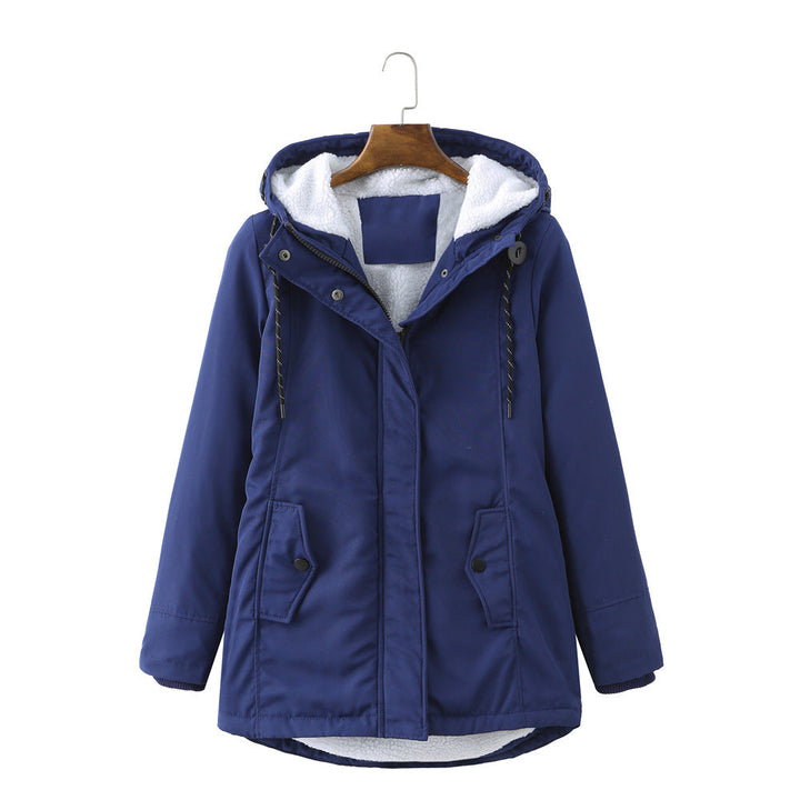 Dunkelblaue Winterjacke mit Kapuze, Fleece-Innenfutter, Damenmode, warm, stilvoll.