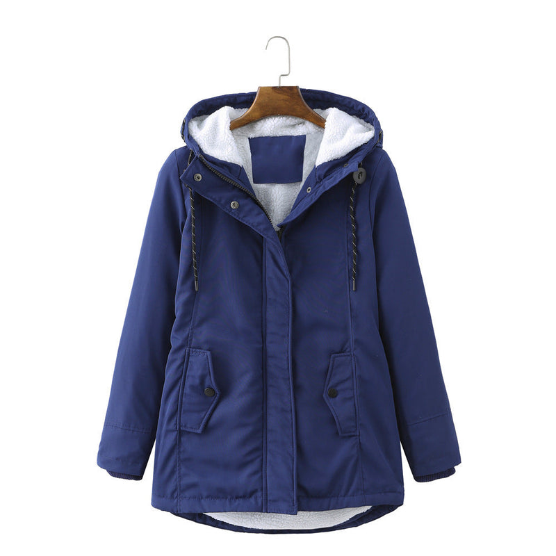 Dunkelblaue Winterjacke mit Kapuze, Fleece-Innenfutter, Damenmode, warm, stilvoll.