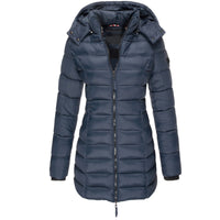 Damen Winterjacke, dunkelblau, Steppdesign, Kapuze, Reißverschluss, warm, modisch.