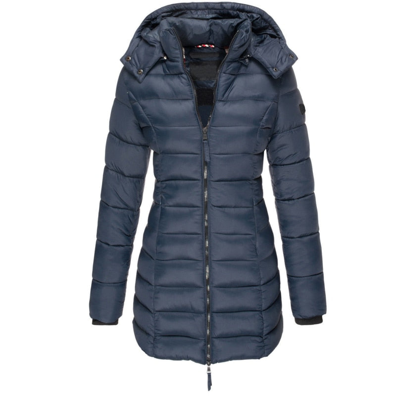 Damen Winterjacke, dunkelblau, Steppdesign, Kapuze, Reißverschluss, warm, modisch.