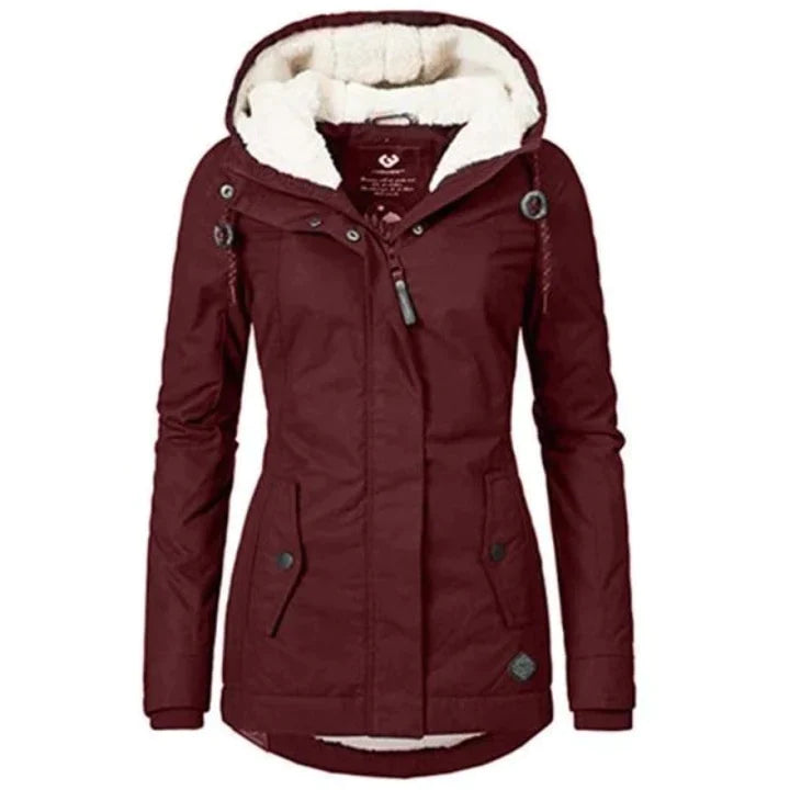 Damen Winterjacke burgundy, Kapuze, Fleece-Futter, warm, modisch, Outdoor-Bekleidung.