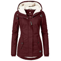 Damen Winterjacke burgundy, Kapuze, Fleece-Futter, warm, modisch, Outdoor-Bekleidung.