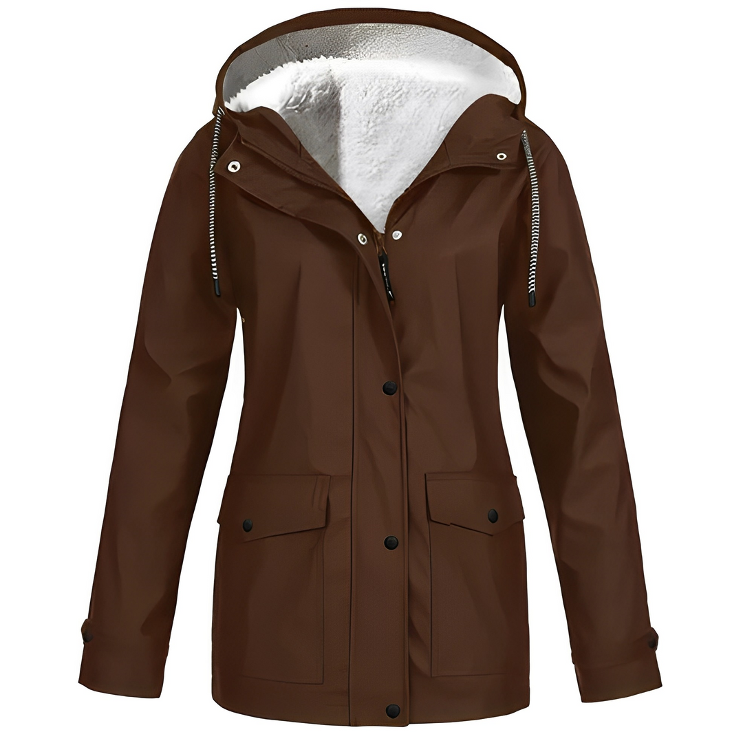 Braune Damenjacke mit Kapuze, wasserdicht, Fleece-Innenfutter, Outdoor-Bekleidung.