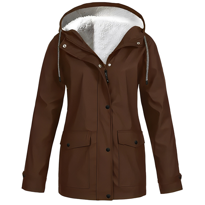 Braune Damenjacke mit Kapuze, wasserdicht, Fleece-Innenfutter, Outdoor-Bekleidung.
