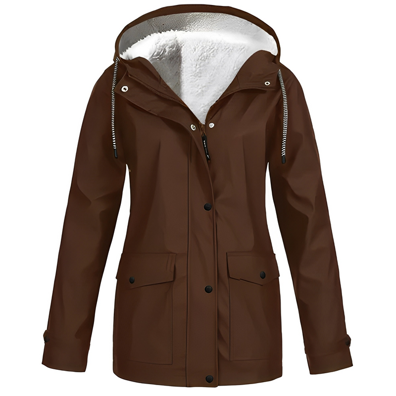 Braune Damenjacke mit Kapuze, wasserdicht, Fleece-Innenfutter, Outdoor-Bekleidung.