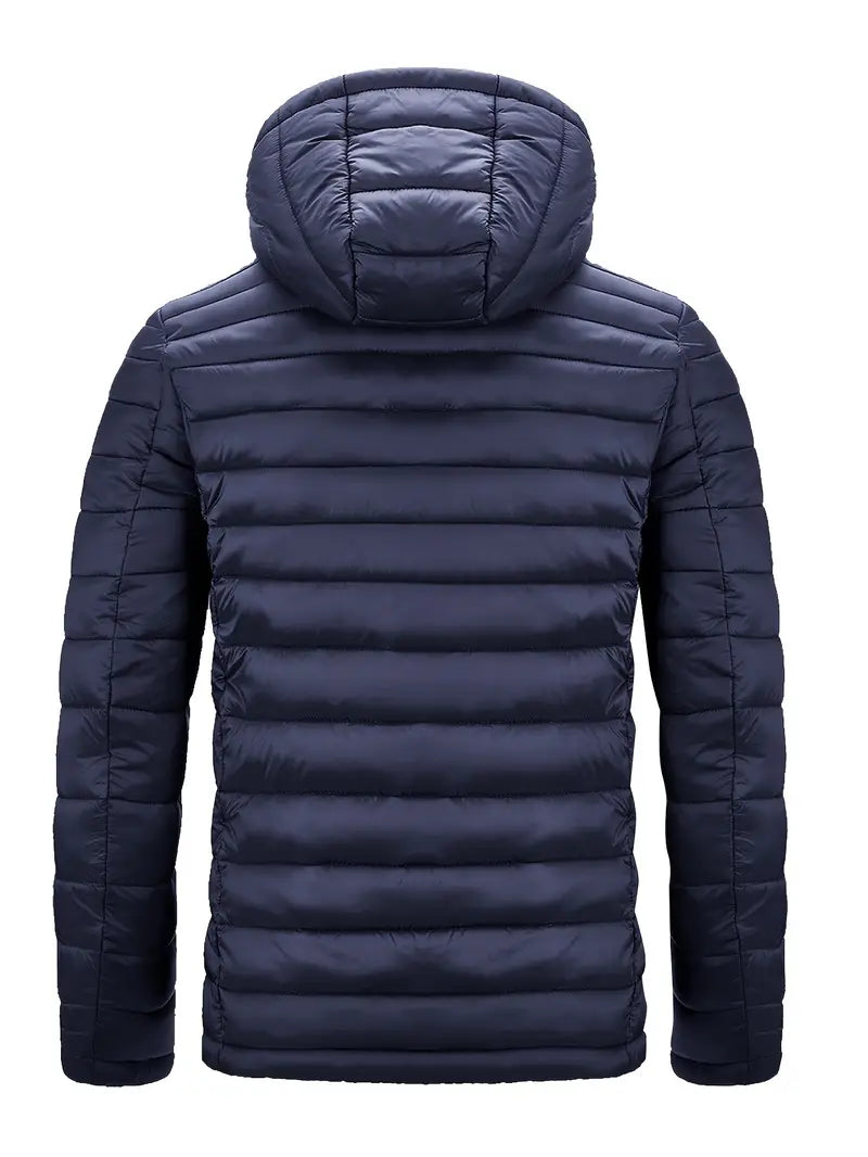 Dunkelblaue Daunenjacke mit Kapuze, gesteppt, warm, Winterbekleidung für Herren.