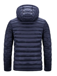 Dunkelblaue Daunenjacke mit Kapuze, gesteppt, warm, Winterbekleidung für Herren.