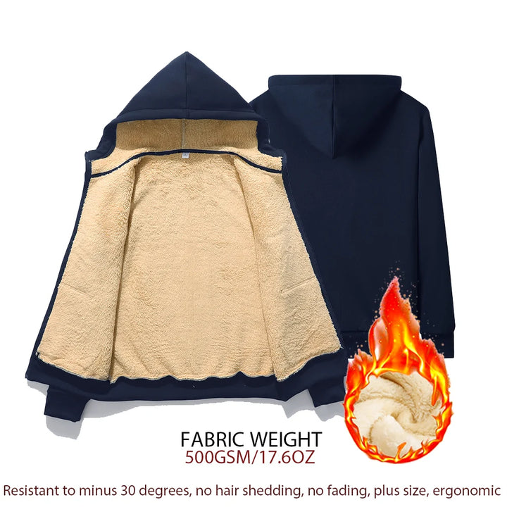 Dunkelblauer Herren-Wintermantel mit Kapuze, warmes Futter, ergonomisch, plus Größe.