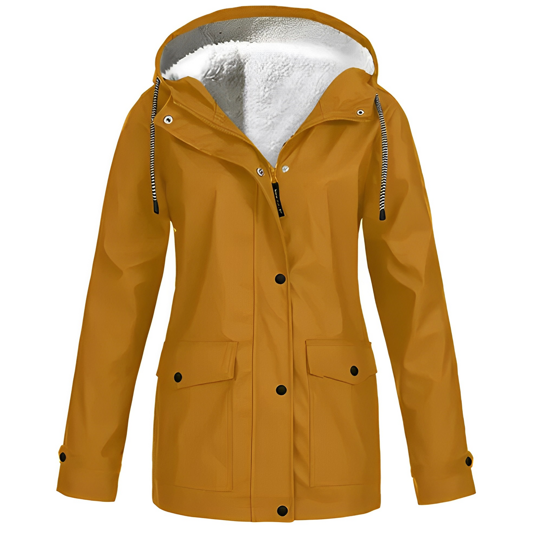 Gelbe Damen-Regenjacke mit Kapuze, wasserdicht, Fleece-Innenfutter, Outdoor-Bekleidung.