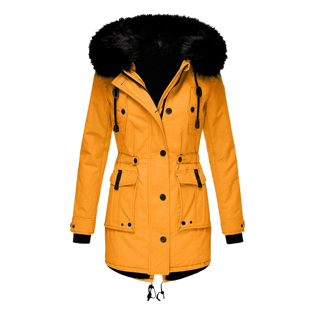 Gelbe Damen-Winterjacke mit Kapuze, Kunstfellbesatz, warm, modisch, Outdoor-Bekleidung.