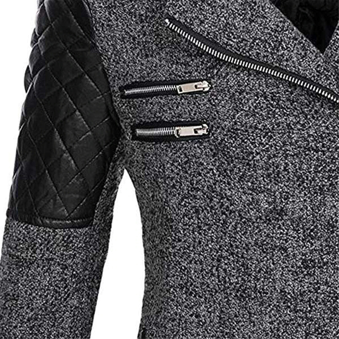 Grauer Damen-Wintermantel mit schwarzen Lederärmeln und Reißverschlüssen, modisch, warm.