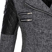 Grauer Damen-Wintermantel mit schwarzen Lederärmeln und Reißverschlüssen, modisch, warm.