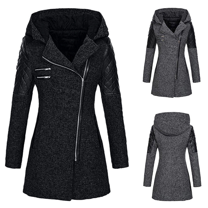 Damen Winterjacke, grau, mit Kapuze, Reißverschluss, gesteppte Ärmel, modisch, warm.