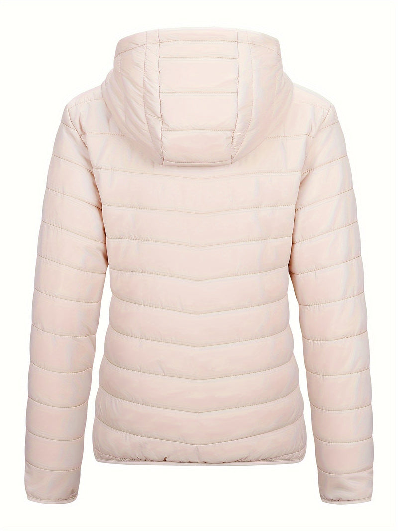 Beige Damen-Daunenjacke mit Kapuze, gesteppt, warm, Wintermode, Outdoor-Bekleidung.