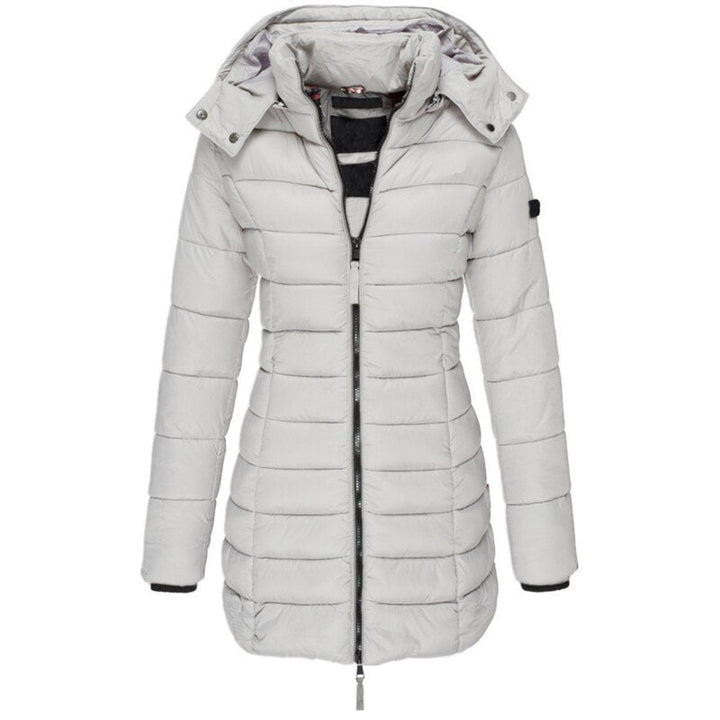 Damen Winterjacke, hellgrau, Steppdesign, Kapuze, Reißverschluss, warm, modisch, Outdoor-Bekleidung.