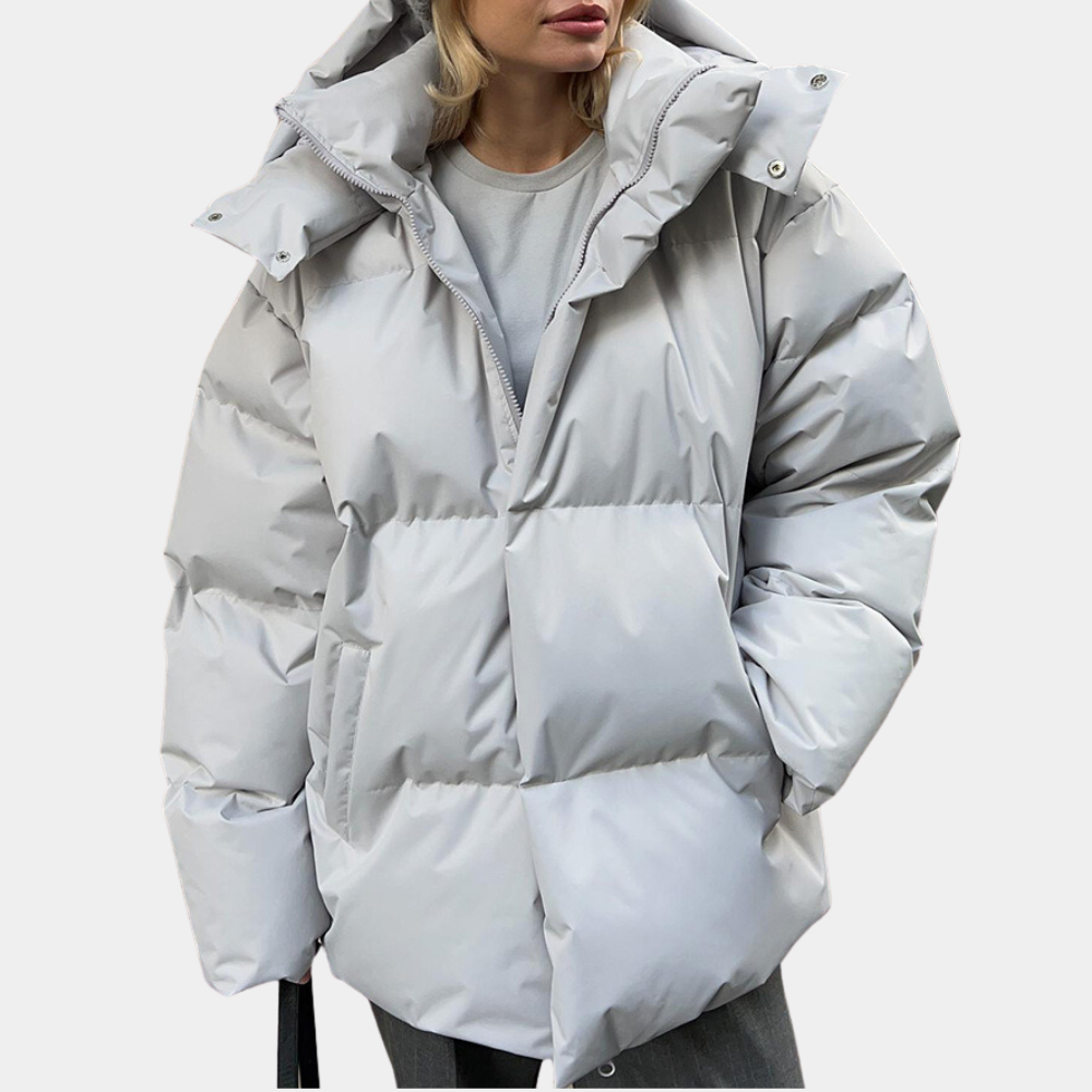 Damen Winterjacke hellgrau, Daunenoptik, Kapuze, modisch, warm, Outdoor-Bekleidung.