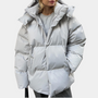 Damen Winterjacke hellgrau, Daunenoptik, Kapuze, modisch, warm, Outdoor-Bekleidung.