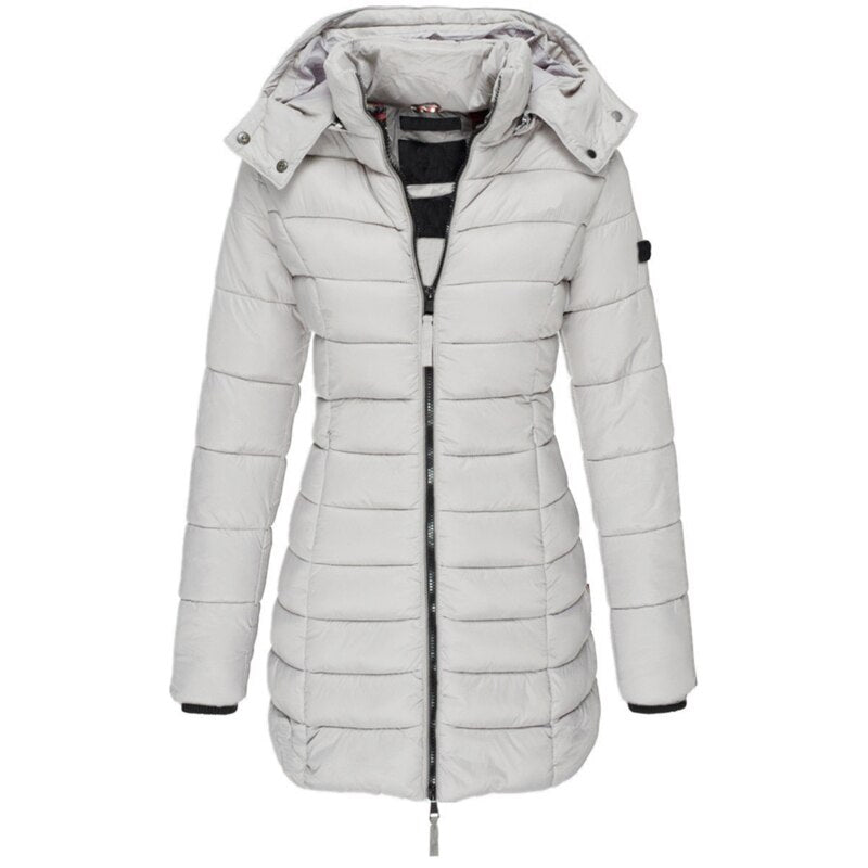 Damen Winterjacke, hellgrau, Steppdesign, Kapuze, Reißverschluss, warm, modisch, Outdoor-Bekleidung.