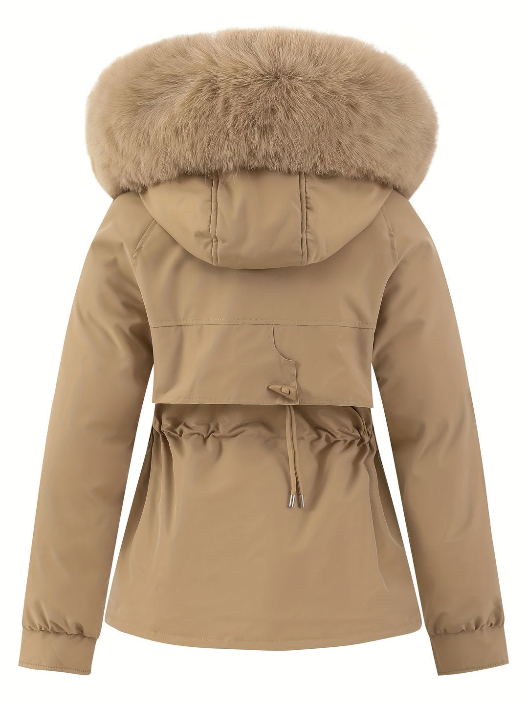 Beige Damenjacke mit Kunstpelzkapuze, Wintermantel, warm, modisch, Outdoor-Bekleidung.