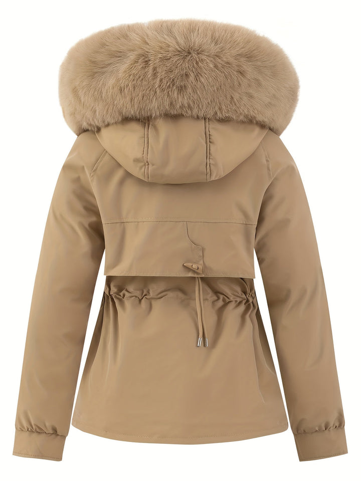 Beige Damenjacke mit Kunstpelzkapuze, Wintermantel, warm, modisch, Outdoor-Bekleidung.