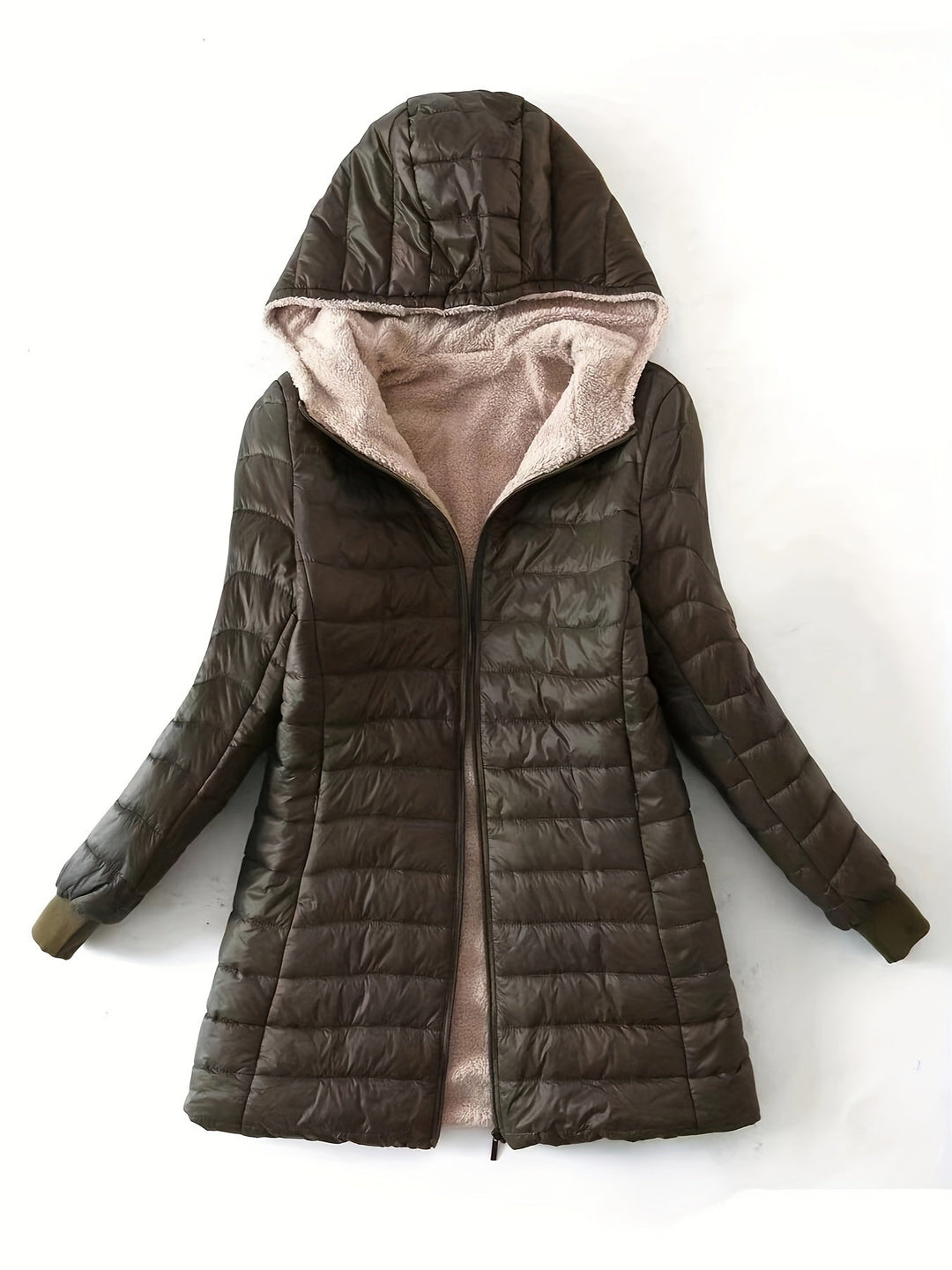Damen Winterjacke mit Kapuze, olivgrün, gesteppt, warm gefüttert, modisch, Outdoor-Bekleidung.
