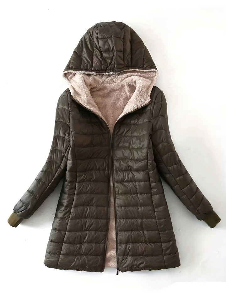 Damen Winterjacke mit Kapuze, olivgrün, gesteppt, warm gefüttert, modisch, Outdoor-Bekleidung.