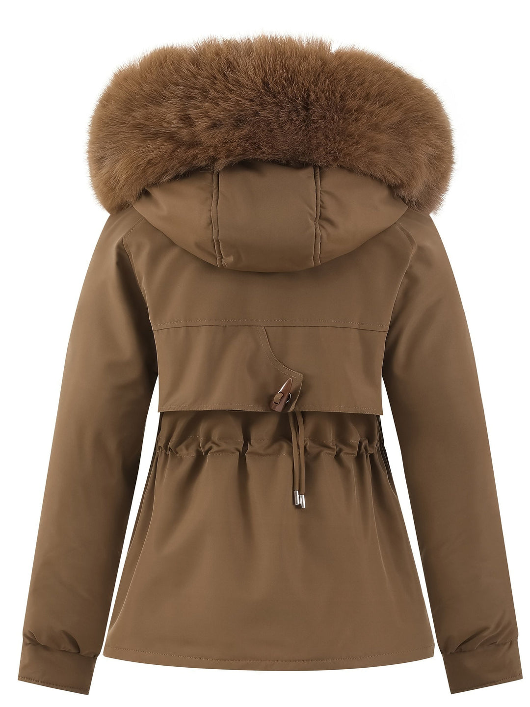 Damen Winterjacke mit Kapuze, braun, Kunstpelzkragen, warm, modisch, Outdoor-Bekleidung.
