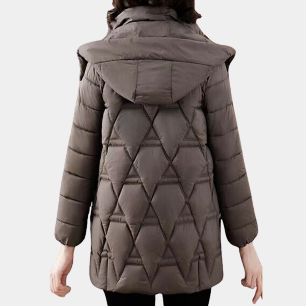 Damen Winterjacke, braun, gesteppte Kapuze, warm, modisch, Outdoor-Bekleidung, elegant.