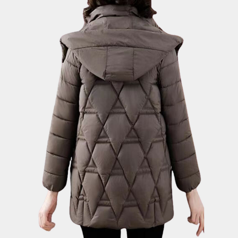Damen Winterjacke, braun, gesteppte Kapuze, warm, modisch, Outdoor-Bekleidung, elegant.